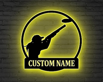 Custom Female Clay Pigeon Shooting Metal Wall Art LED Light Personalized Shooting Player Name Sign Gift for her