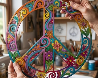 Bohemian Peace Symbol Wall Hanging, Colorful Floral Metal Decor, Vintage Hippie Wall Art