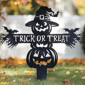 Trick or Treat Halloween Yard Sign Pumpkin Metal Decor Trick or Treat Pumpkin Stake Outdoor Fall Decoration Halloween Sign Fall Lawn Decor