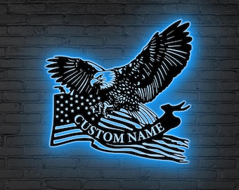 Custom US Flag American Eagle Metal Wall Art LED Light, Personalized Eagle Wall Decor, Home Decor, Nursery Decor, Xmas Birthday Gift for dad