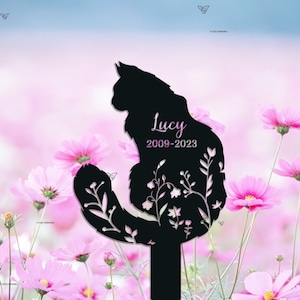 Personalized Fluffy Cat Memorial Stake, Cat Grave Markers, Pet Grave Markers,Garden Sign Remembrance Stake,Metal Fluffy Cat Sign,Floral Cat