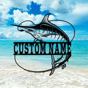 Custom Marlin Fish Metal Wall Art LED Light, Personalized Marlin Fish Name Sign Decoration For Room, Marlin Fishing Metal Sign Home Decor