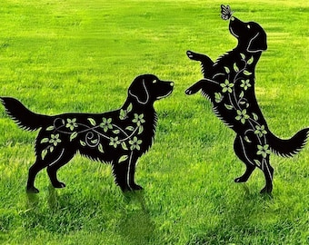 Schwarzer Labrador Metallpfahl, Blumenhundesilhouette, Labrador Retriever Gartenschild, 2er-Set