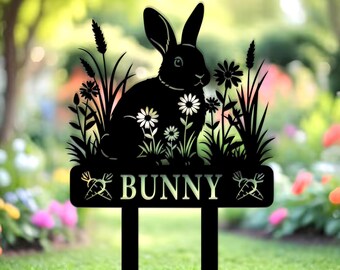 Bunny Garden Sign, Custom Rabbit Yard Stake, Rabbit & Flower Stake, Gift for daughter, Rabbit garden sign, Animal garden decor, Garden gift