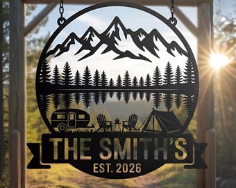 Personalisiertes Camping Metallschild, benutzerdefinierte Familienname Berg, RV Lagerfeuer im Freien, Zeltplatz Metallschild