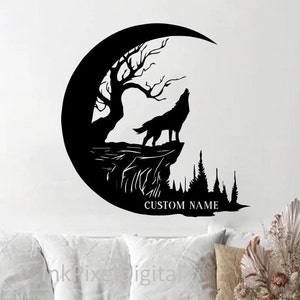 Cartello personalizzato con lupo ululante, cartello personalizzato con lupo sulla luna crescente, cartello in metallo con lupo sulla luna, decorazione per la casa, regalo per papà