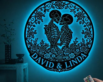 Personalisierte Skeleton Lovers Zeichen, kundenspezifische LED-Metallwanddekor, gotisches Rosenpaargeschenk