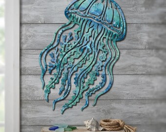 Metal Jellyfish Wall Art, Coastal Sea Life Decor, Blue Nautical Gift For Ocean Lovers