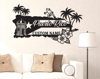 Letrero metálico personalizado de Puerto Rico, decoración de pared de Puerto Rico, letrero de la isla de Puerto Rico, regalo de Puerto Rico, arte de flores tropicales, regalo de playa, regalo para papá
