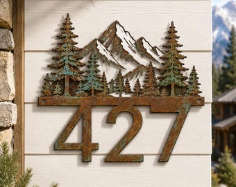 Mountain House Number Metal Sign, Custom Address Plaque, Pine Forest Cabin Decor, Rustic Outdoor Home Number Sign