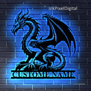 Custom Dragon Metal Wall Art LED Light Custom Name Dragon Metal Sign,Dragon Lover Gifts,Boy Room Decor Dragon Metal Art Birthday Gift