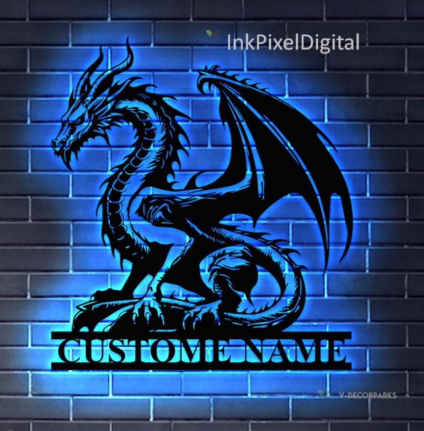 Custom Dragon Metal Wall Art LED Light Custom Name Dragon Metal Sign,Dragon Lover Gifts,Boy Room Decor Dragon Metal Art Birthday Gift