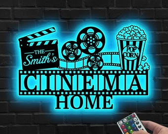 Custom Home Cinema LED Metal Sign, Personalized Movie Room Wall Light, Popcorn & Movie Reel LED Sign, Home theater decor, Home bar cinema