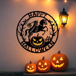 Happy Halloween Metal Sign, Headless Horseman Art, Pumpkin Outdoor Decor, Gift for family, Spooky Yard Art,Halloween wall,Hauanted halloween