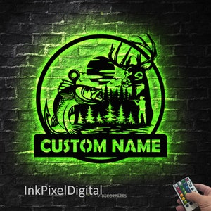 Custom Deer And Fishing Metal Wall Art LED Light Hunting Sign Personalized Hunter Name Sign Home Decor Cabin Decor Birthday Gift Fisher Gift