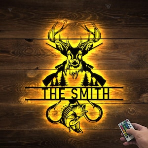 Personalized Fishing Hunting Metal Sign LED Light, Deer Hunting Sign Custom Bass Fishing Wall Decor, Fishing sign,Gift for Dad,Husband, Son