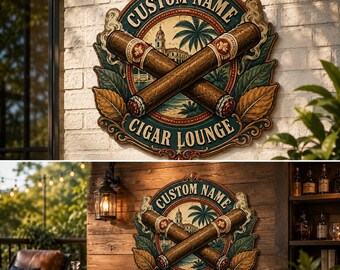 Rustic Cigar Lounge Sign, Custom Name Home Bar Wall Art, Gift For Dad Husband Or Cigar Lover