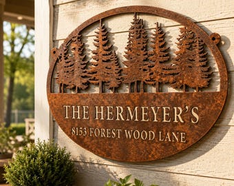 Custom Family Name Address Plaque, Pine Forest Metal Sign, Outdoor Entryway Home Decor