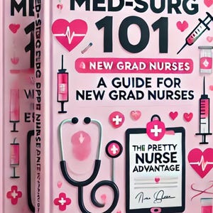 May include: A pink book titled "Med-Surg 101: A Guide for New Grad Nurses" with a stethoscope, hearts, and medical symbols. The book cover features the text "The Pretty Nurse Advantage".