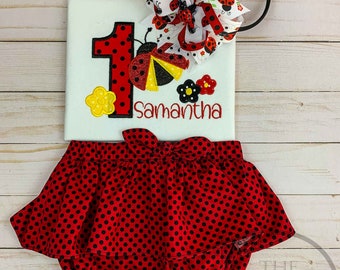 Ladybug First Birthday Skirted Bloomer Outfit | Baby Girl 1st Birthday Party | Ladybug Skirt, Shirt And Bow Matching Set | Baby Girl Onesie
