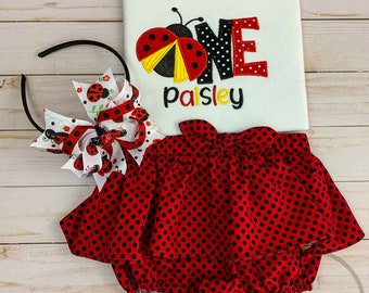 Ladybug First Birthday Skirted Bloomer Outfit | Baby Girl 1st Birthday Party | Ladybug Skirt, Shirt And Bow Matching Set | Baby Girl Onesie