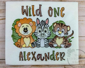 Wild One Safari Birthday Shirt | Zoo Shirt With Name | First Birthday Embroidered Shirt | Jungle Party Theme Shirt | Baby Boy Onesie Animals