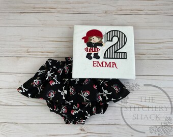 Pirate Girl Skirted Bloomer Outfit | Pirate Girl Birthday Outfit | Baby Girl Birthday Party | Shirt and Bow Matching Set | Pirate Applique