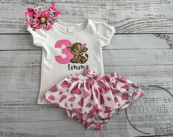 Personalized Cow Print Birthday Outfit for Girls, Farm Birthday Shirt Onesie, Skirted Bloomers & Bow, Pink or Brown Cowgirl Birthday Set