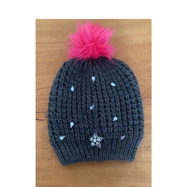 A Freaky Hat with a Pink Pompom Embellished with Crystal-Cut Stones, Black Beanie, Skull Cap, Holiday Gift