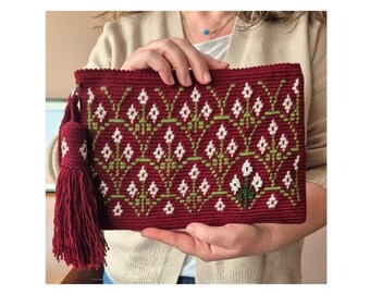 Handmade Wayuu Crochet Clutch Burgundy Floral Unique Evening Bag with Beaded Detail, Boho Artisan Purse
