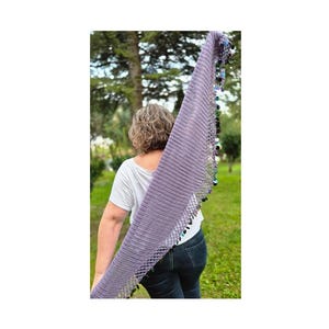 Lavender Crochet Shawl with Iridescent Sequins, Silk Effect Skinny Triangular Scarf