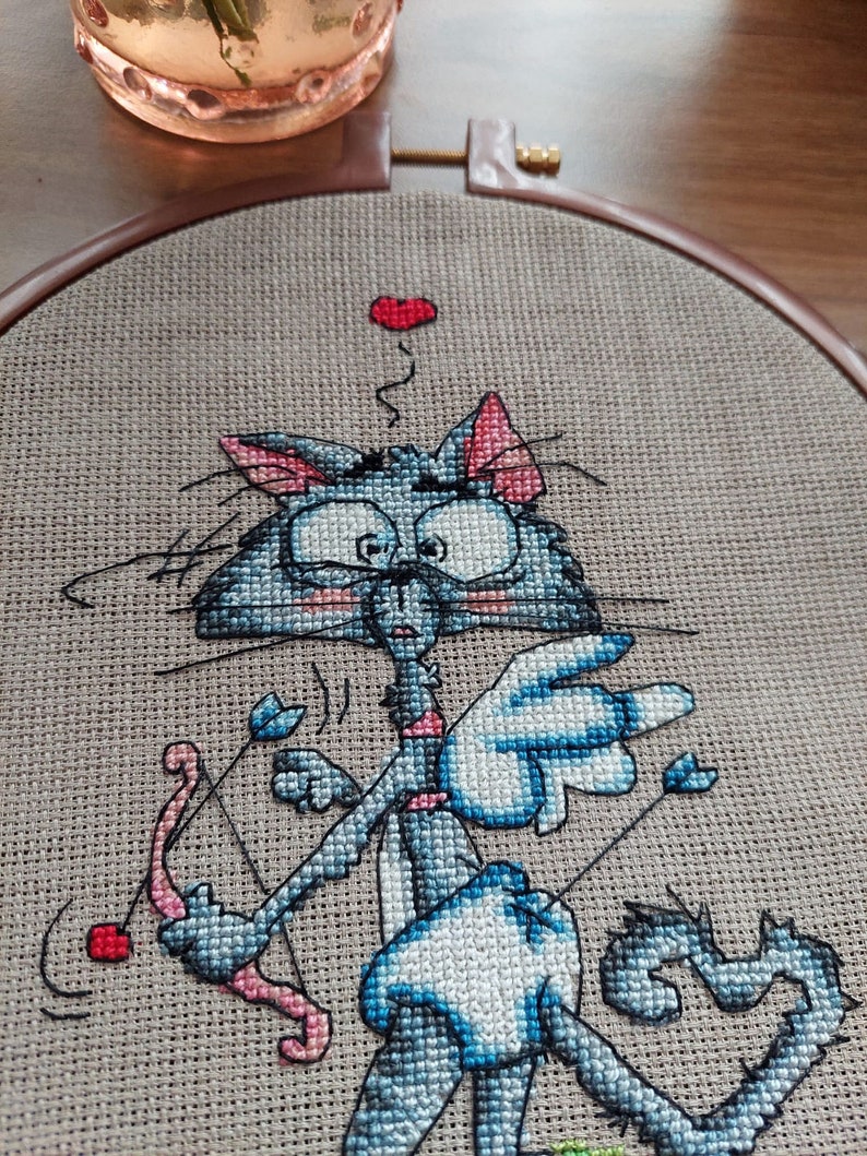 Completed, Finished Needle Cross Stitch Confused Eros Cat Wall Decor