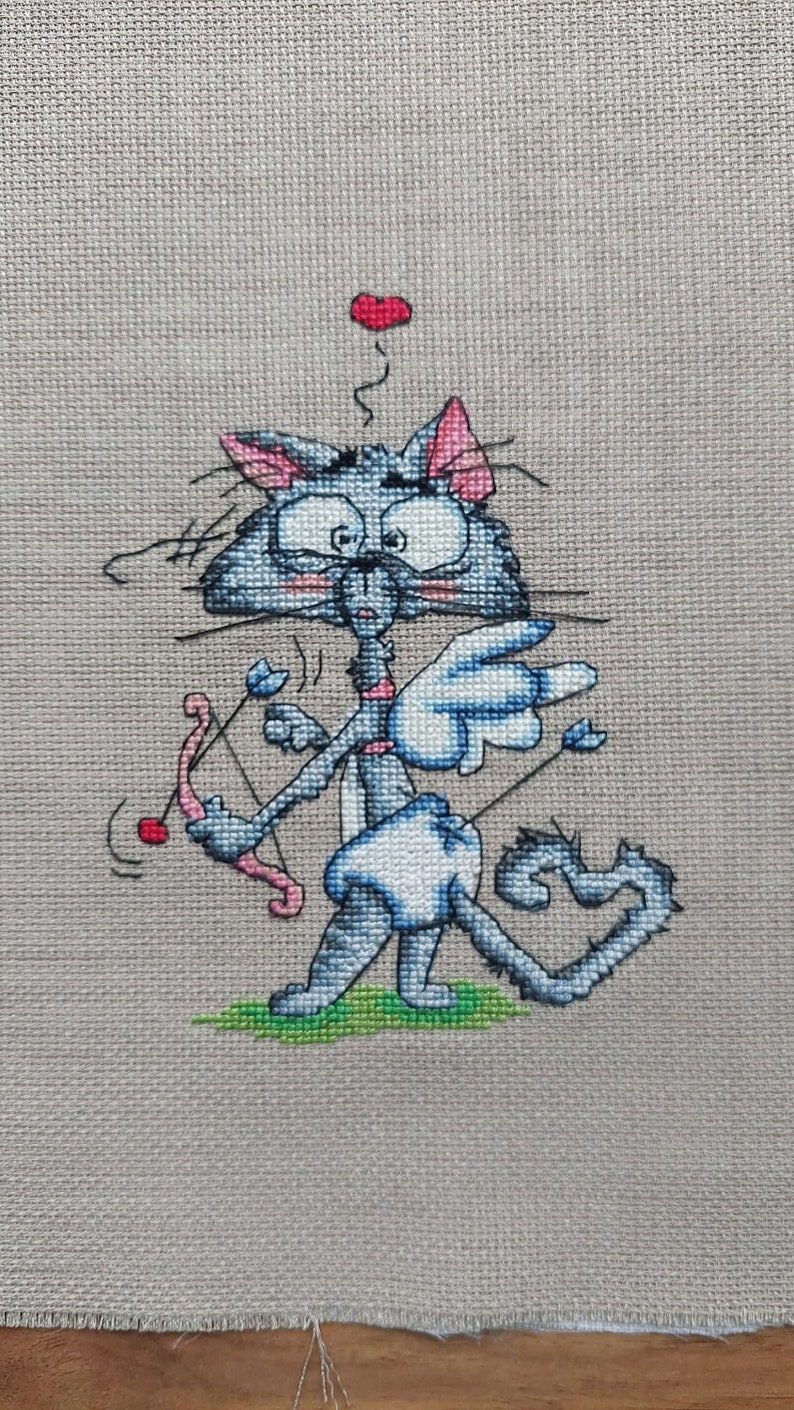 Completed, Finished Needle Cross Stitch Confused Eros Cat Wall Decor