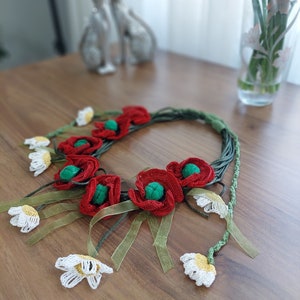 Handmade Red Anemone Flower Necklace - Unique Needle Lace Jewelry