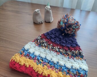 Bunte gehäkelte handgemachte Beanie, bunter Pom Pom, bunte Farbe Frauen Hut, bunte Beanie, Skull Cap