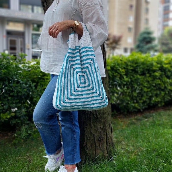 Sac turquoise et blanc, sac seau, sac fourre-tout au Crochet, sac carré de grand-mère, sac Core, fourre-tout au Crochet, grand sac de projet, sac Hippie