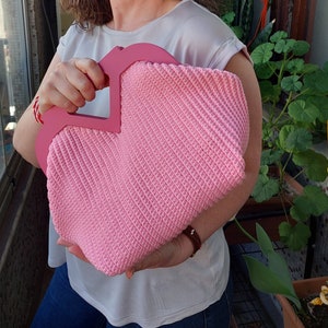 Pink Color Purple Wooden Handle Crochet Bag