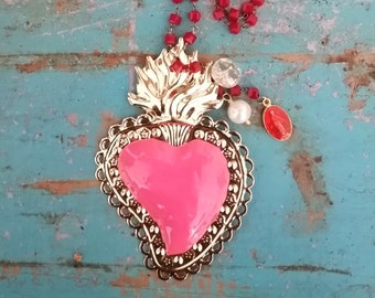 Sacred heart sacred heart necklace in pink enamel
