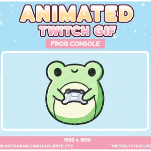 Könnte beinhalten: Animiertes GIF eines grünen Frosches, der einen grauen Videospiel-Controller hält. Der Frosch lächelt und hat große, schwarze Augen. Der Hintergrund ist hellblau mit weißen Sternen. Der Text "Animated Twitch GIF" und "Frog Console" befindet sich oben im Bild. Der Text "1500 x 1500" befindet sich unten im Bild.