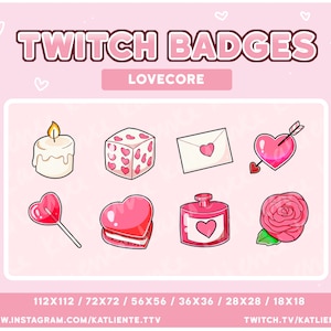 PINK Love Core Romantische Valentinstag Sub/Bit Badges für Twitch Streaming - Herz, Kerze, Rose, Macaron, Liebestrank, Würfel, Buchstabe, Candy