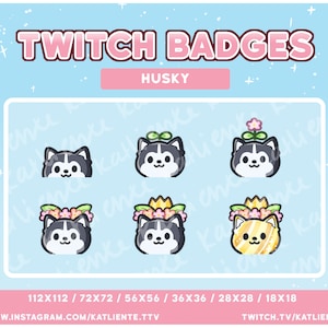 Kawaii Grey Husky Pet Dog Animal Flower Crown Sub/Bit Badges for Twitch - Cute, Food, Adorable