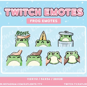 7x Emotes de animais de sapo Kawaii para Twitch, Discord, YouTube - Bonk, Dunce, Trash, Pet, Hold COM 2 SKINTONES | Katliente