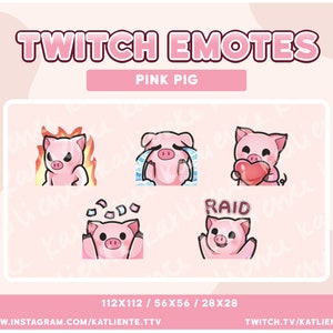 5x Kawaii Pink Pig Farm Animal Chibi Emotes para Twitch, Discord, YouTube - Enojado, Llorando, Corazón, Hype, Raid / Katliente