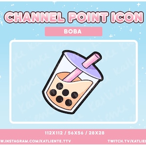 Pode incluir: Uma ilustração de desenho animado de um copo de chá de boba com um canudo rosa e uma tampa roxa. O copo está cheio de um líquido marrom claro e pérolas de boba pretas. O texto "BOBA" está escrito em rosa acima da imagem. O texto "112X112 / 56X56 / 28X28" está escrito abaixo da imagem.