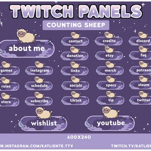 May include: A set of 20 purple Twitch panels with a cartoon sheep design. The panels feature text such as "about me", "wishlist", "youtube", "games", "rules", "store", "subscribe", "tiktok", "tip", "twitter", "contact", "credits", "discord", "donation", "etsy", "faq", "Instagram", "links", "merch", "patreon", "schedule", "socials", "specs", "steam". The panels are designed for use on a Twitch channel.