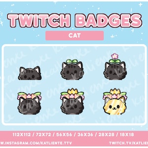 6x Black Midnight Cat Animal Flower Crown Sub/Bit Badges for Twitch - Cute, Food, Adorable