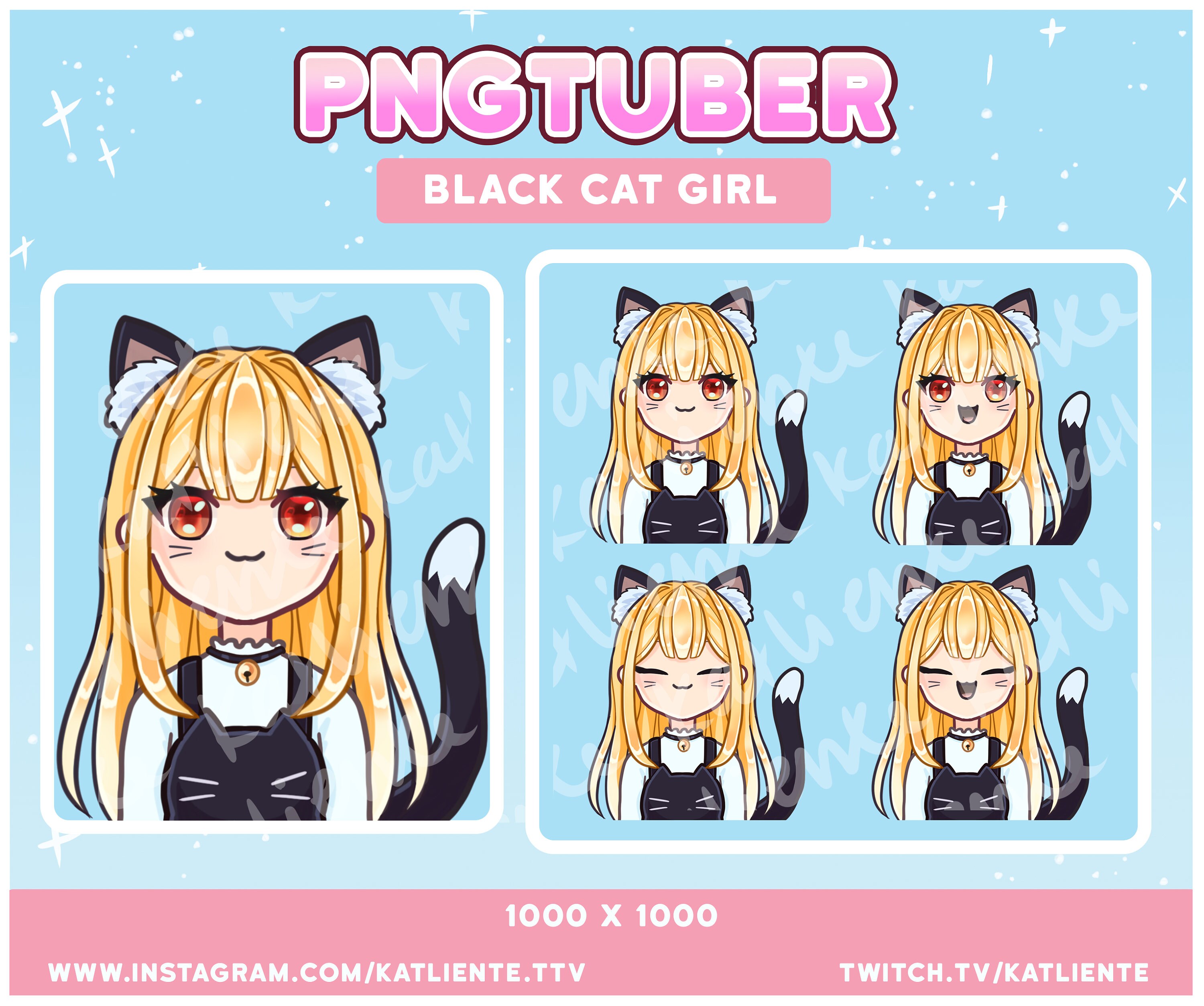 Chibi Black Cat Girl PNGTuber: Blonde Hair, Brown Eyes (Digital Download)