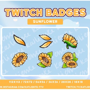 Puede incluir: Un conjunto de seis insignias de Twitch con girasoles de dibujos animados en varios tamaños y poses. Las insignias están diseñadas para su uso en la plataforma Twitch y están disponibles en tamaños que van desde 18x18 píxeles hasta 112x112 píxeles. El texto "TWITCH BADGES SUNFLOWER" se muestra en la parte superior de la imagen.