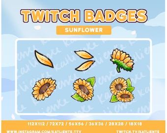 May include: A set of six Twitch badges featuring cartoon sunflowers in various sizes and poses. The badges are designed for use on the Twitch platform and are available in sizes ranging from 18x18 pixels to 112x112 pixels. The text "TWITCH BADGES SUNFLOWER" is displayed at the top of the image.