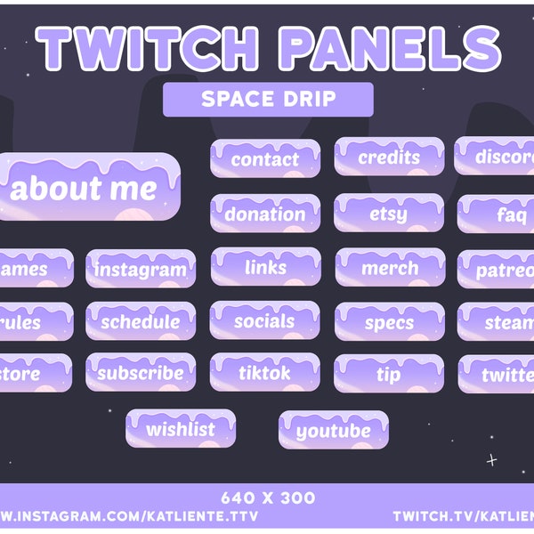 24 Cute Lavender Purple Pastel Slime Drip Outer Space Planets and Stars Moon Panels for Twitch Streaming